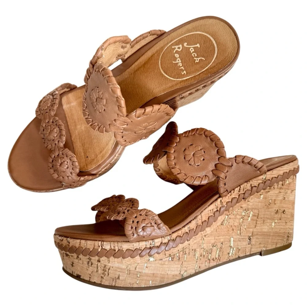 Jack Rogers Leigh Cognac Brown Leather Cork Wedge Sandals Women’s size 5 - Picture 1 of 11